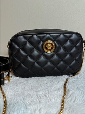 Versace Black Quilted Leather Crossbody with Gold Medallion